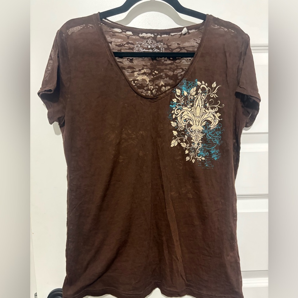 Panhandle Slim Brown Burnout Tee with Blue Metallic and Cream Graphic Size XL